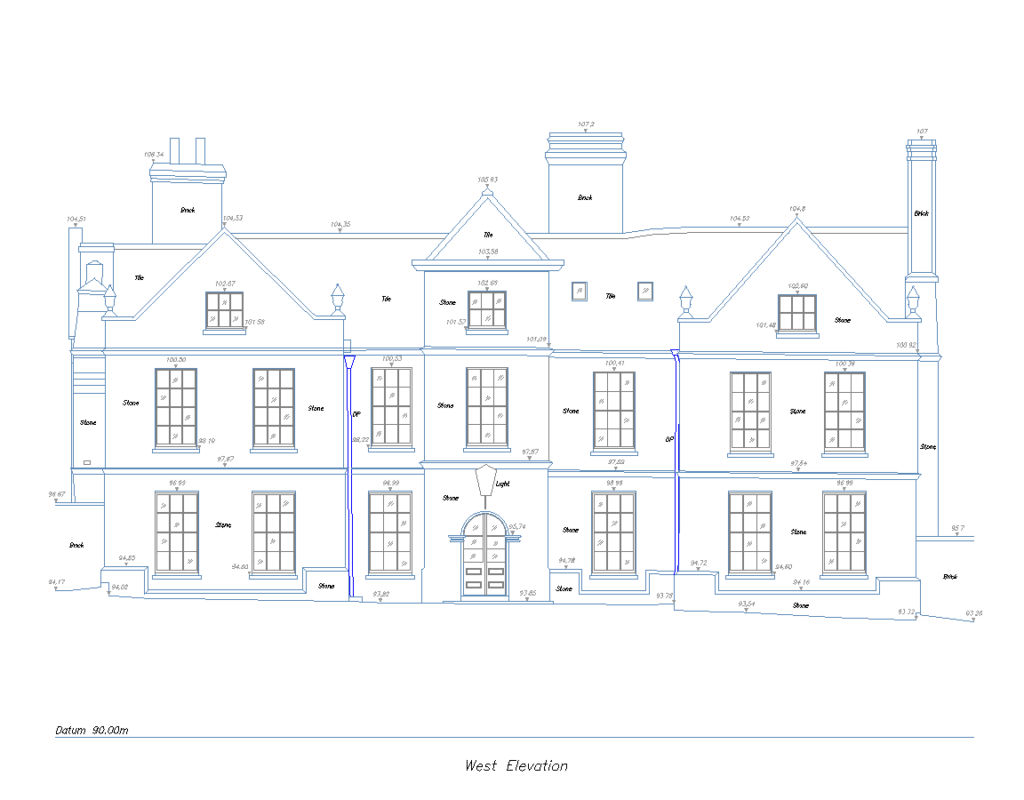Measured Building Survey – 2D Elevations Image of a measured building survey showing the elevations of a large house