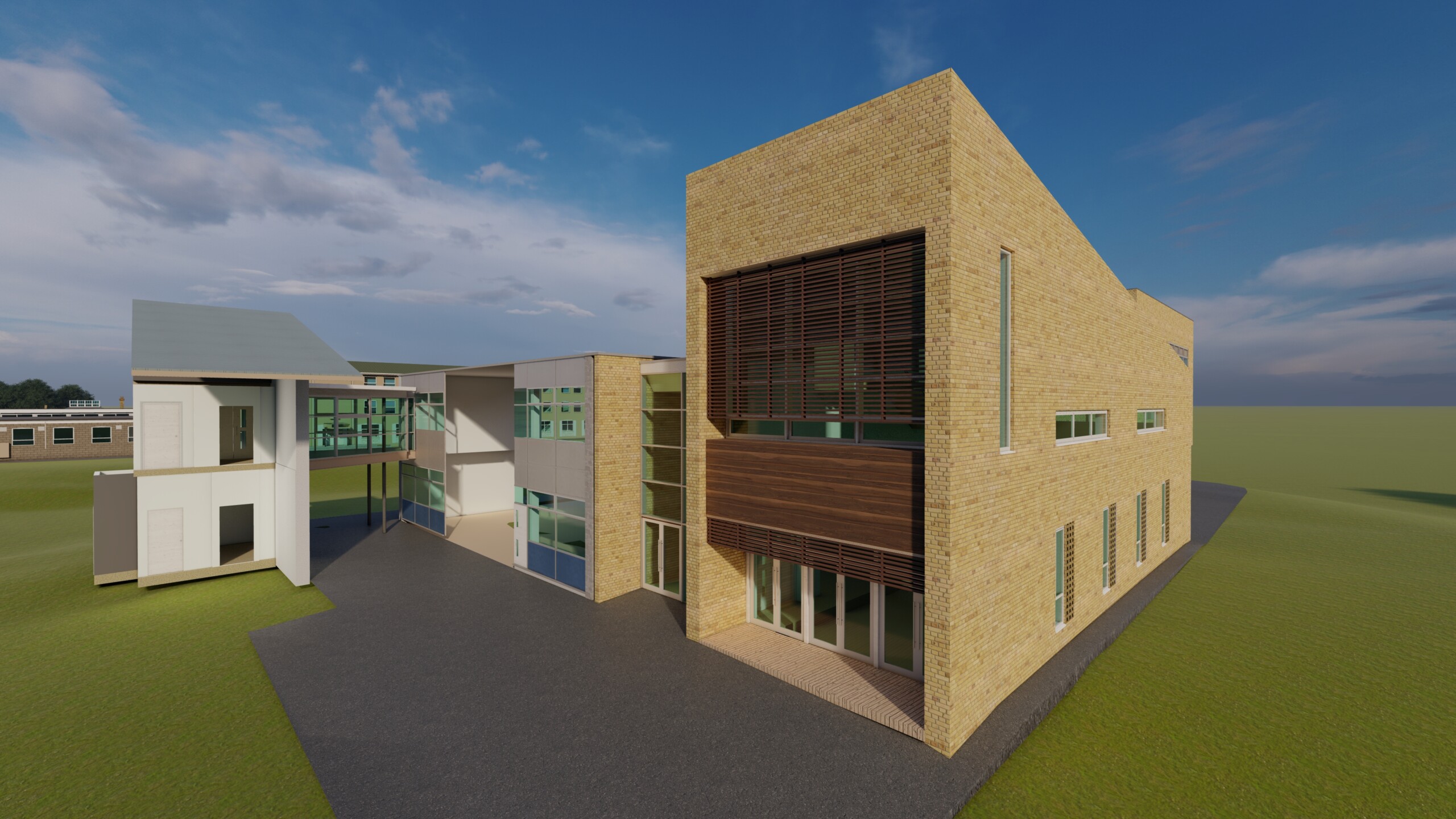 Image of a 3D revit model showing the external facade of the building. The model was produced to LOD 4 specification