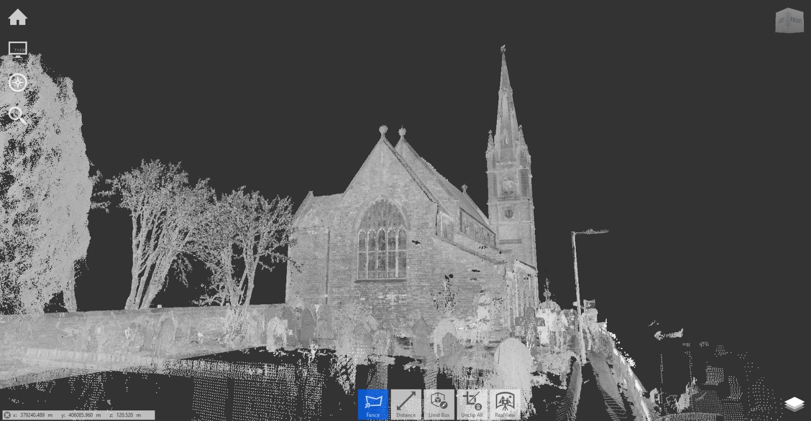 Point cloud data of church in Greater Manchester showing external areas and elevations