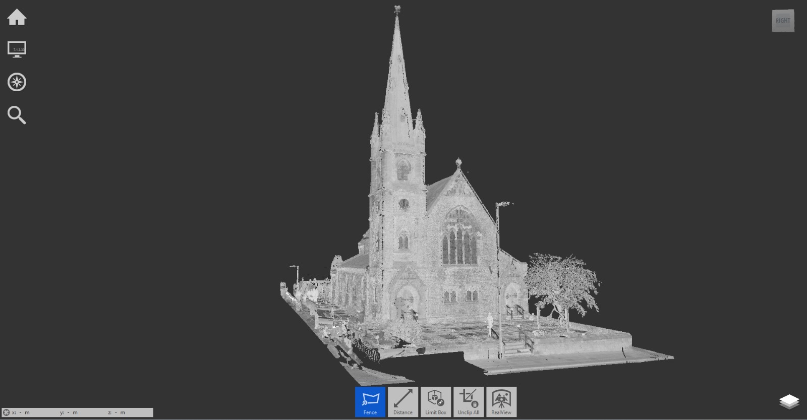 3D point cloud model of a church in monochrome