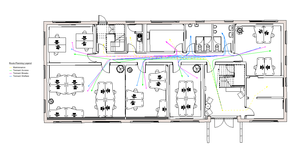 Image showing how a 3D measured building survey can assist facilities management teams showing access and egress points