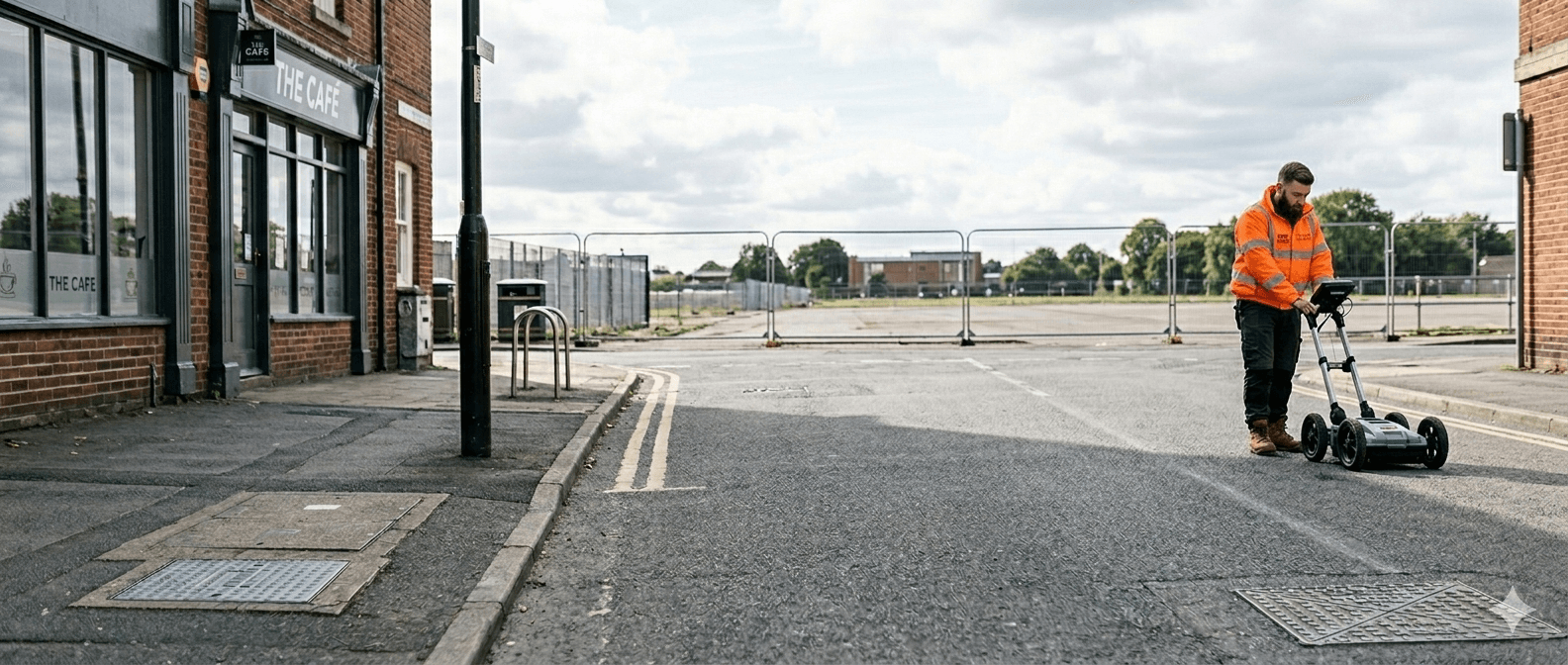 A surveyor carrying out a Ground Penetrating Radar survey on a road