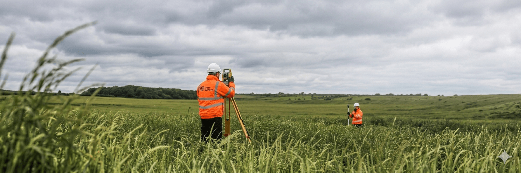 Laser Surveys technicians carrying out a topographic survey in a field
